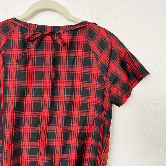 [J. Crew] Red Black Buffalo Plaid Eliza Jeweled Necklace Tartan Top Silk Size 6 - Picture 7 of 11
